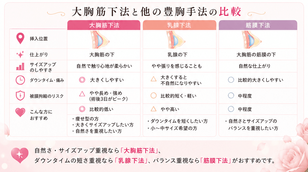 大胸筋下法と他の豊胸手法 乳腺下・筋膜下の比較