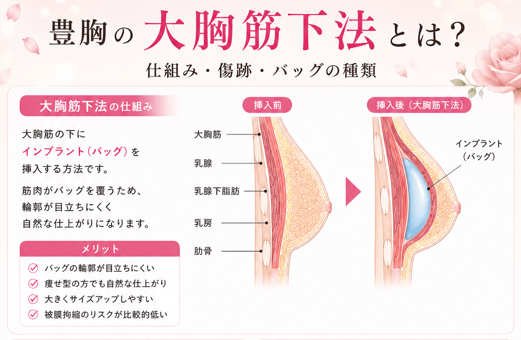 豊胸の大胸筋下法とは？仕組み・傷跡・バッグの種類